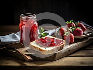 Toast with strawberry jam for breakfast on wooden table. Generative AI