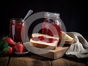 Toast with strawberry jam for breakfast on wooden table. Generative AI