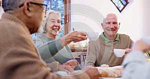 Toast, tea party and a group of elderly people in the living room of a community home for a social. Friends, smile or