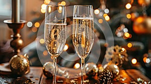 Toast to the New Year: Two Flutes with Champagne and Golden Numbers