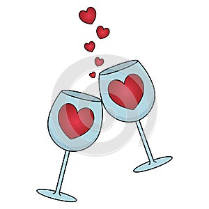 Toast. Two wine glasses decorated with a red heart. The ringing of crystal wine glasses. Hearts fly up. The sound of love. Colored