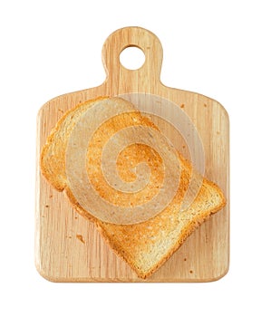 Toast on a wooden cutting board, white background