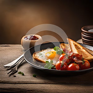 Toasted bread, beans, tomatoes, bacon, and fried eggs make up an English breakfast AI GENERATED