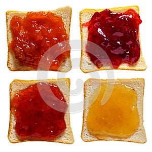 Toasted bread with different jams isolated