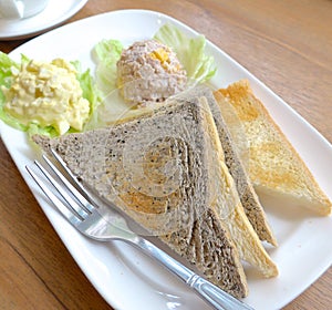 Toasted bread with egg salad closeup