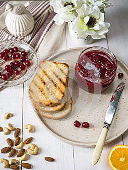 Toasted bread with jam. Sweet breakfast.