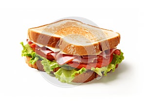 Toasted bread with lettuce,tomato,ham and cheese sandwich on white background.Macro.AI Generative