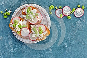 Toasted bread with radish and cottage cheese