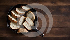 Toasted Bread Slices in Cast Iron Skillet on Wooden Table, Copy Space