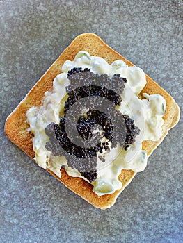 Toasted bread with tzatziki and black caviar