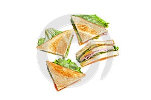 Toasted Club sandwiches with pork ham, cheese, tomatoes and lettuce Isolated on white background, Top view.