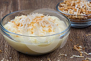 Toasted coconut on a creamy pudding.