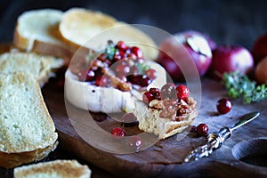 Toasted French bread with baked Camembert Brie cheese with a cranberry honey and nut relish