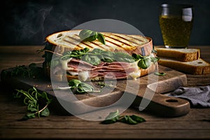 Toasted panini with ham, cheese and arugula sandwich on a wooden board on a dark background, Generative AI