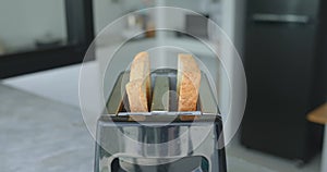 Toasted slices bread pop out metal toaster in modern kitchen. Finished toasted emerges from polished toaster that is