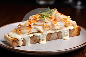 toasted sourdough slice with crabmeat and creamy sauce