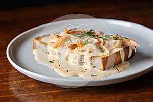 toasted sourdough slice with crabmeat and creamy sauce