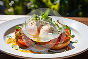 Toasted tomato sandwich on white plate in modern restaurant, breakfast menu with copy space