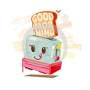 Toaster cute character and `GOOD MORNING` text inside toasted bread. typographic. happy morning and breakfast concept