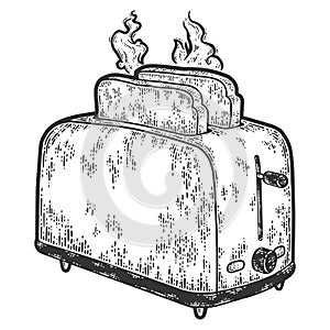 Toaster. Hot slices of toasted bread. Engraving vector illustration.