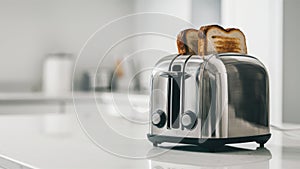 A toaster oven with two slices of bread in it on a counter, AI photo
