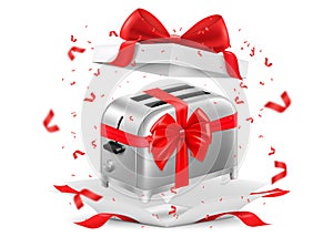 Toaster with red ribbon and bow inside open gift box. Gift concept. Kitchen appliances. Isolated 3d vector illustration. 3D