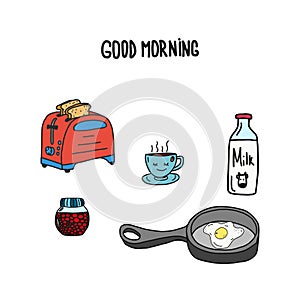 Toaster, toast, a cup of coffee and jam. Characters. Vector illustration. doodle