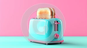 Toaster with toasts on pink and blue background
