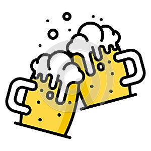 Toasting beer glasses linear icon. Two foamy beer glasses symbol vector illustration