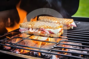 toasting a cheese and ham sandwich on the grill