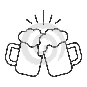 Toasting glasses of beer thin line icon, Craft beer concept, Cheers sign on white background, Beer mugs icon in outline