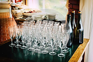 Toasting many glasses for anniversaries empty goblets chalices before the toast at the restaurant to celebrate