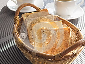 Toasts in basket Breakfast set with coffee