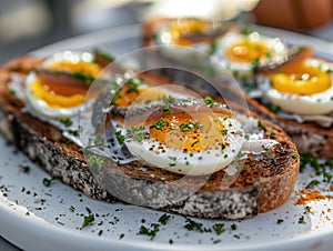 Toasts with boiled eggs, fish, and parsley. Traditional food for midsummer celebrations in Scandinavia. Generative AI