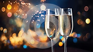 Toasts, celebrations, and raising glasses to commemorate party. Champagne glasses filled with effervescent wine set against
