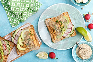 Toasts with chickpea hummus, avocado, fresh radish, cucumber, sesame seeds and flaxseed sprouts. Diet breakfast. Delicious and hea