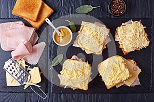 Toasts croque monsieur prepared to bake