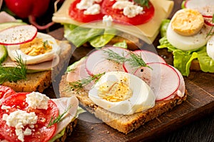 Toasts with eggs, cheese, ham, radish, cucumbers and tomatoes , breakfast idea