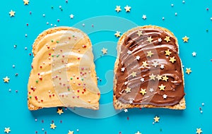 Toasts with peanut and chocolate butter.