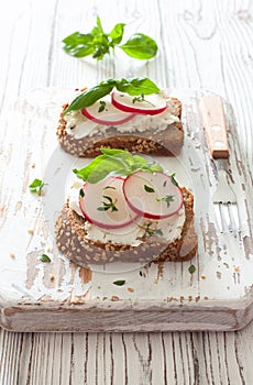 Toasts with ricotta, redish and rye bread