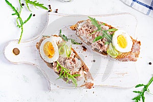 Italian bruschetta sandwiches with canned tuna, egg and cucumber. photo