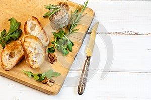 Toasty bread on a wooden board.