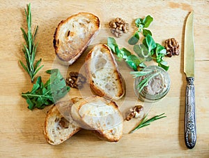 Toasty bread on a wooden board.