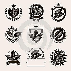 Tobacco leaf label and icons set. Vector photo