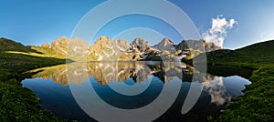 Tobavarchkhili lake panorama at sunset, Egrisi mountains, Svaneti, Georgia