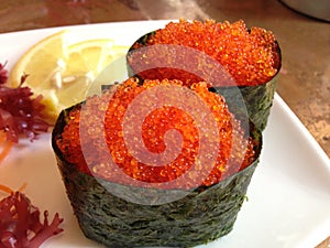 Tobiko (Flying Fish / Exocoetidae Roe) Sushi on Plate.