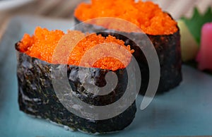 Tobiko sushi or flying fish`s roe sushi.