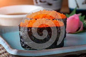 Tobiko sushi or flying fish`s roe sushi.