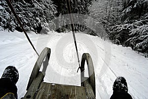 Tobogganing or sledging in winter