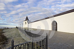 Tobolsk Kremlin. White stone fortress wall.